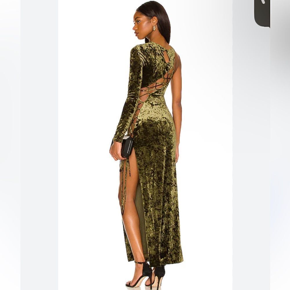 Camila Coelho Revolve Gabriel Maxi Olive Green crushed velvet lace up dress S - Picture 7 of 16